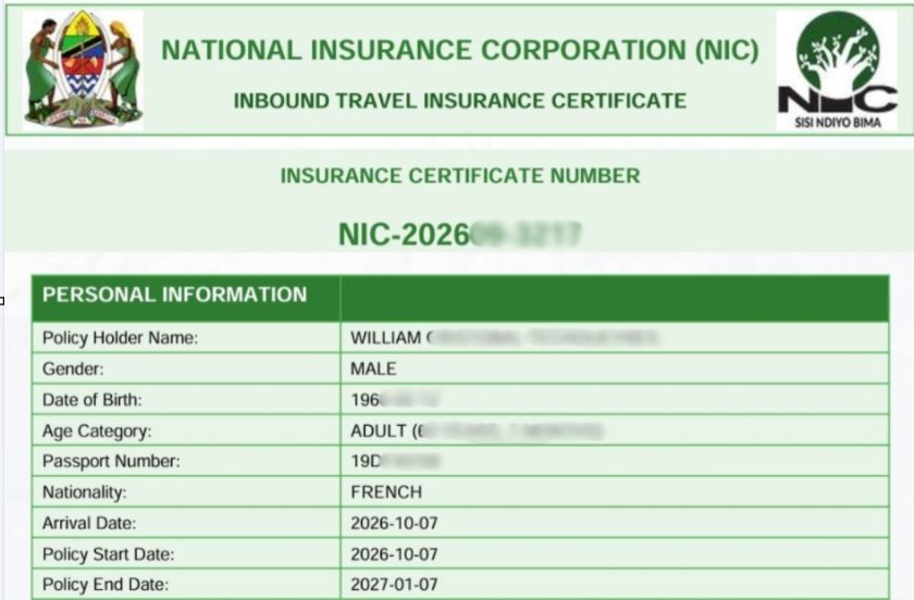 L'assurance obligatoire NIC pour entrer par la Tanzanie continentale